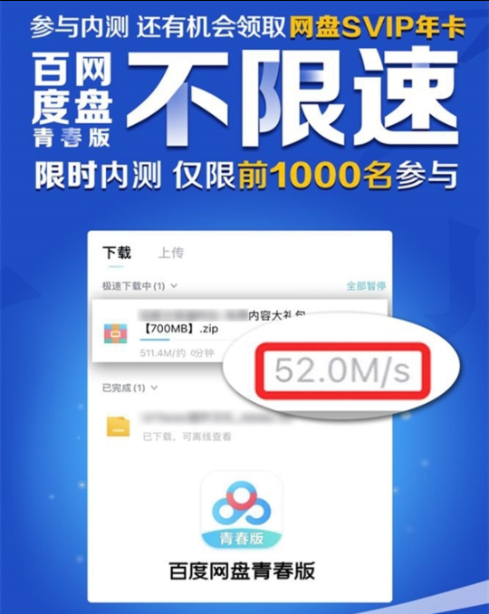 百度网盘“不限速”青春版 宣传速度从52MB/s降至2MB/s为哪般